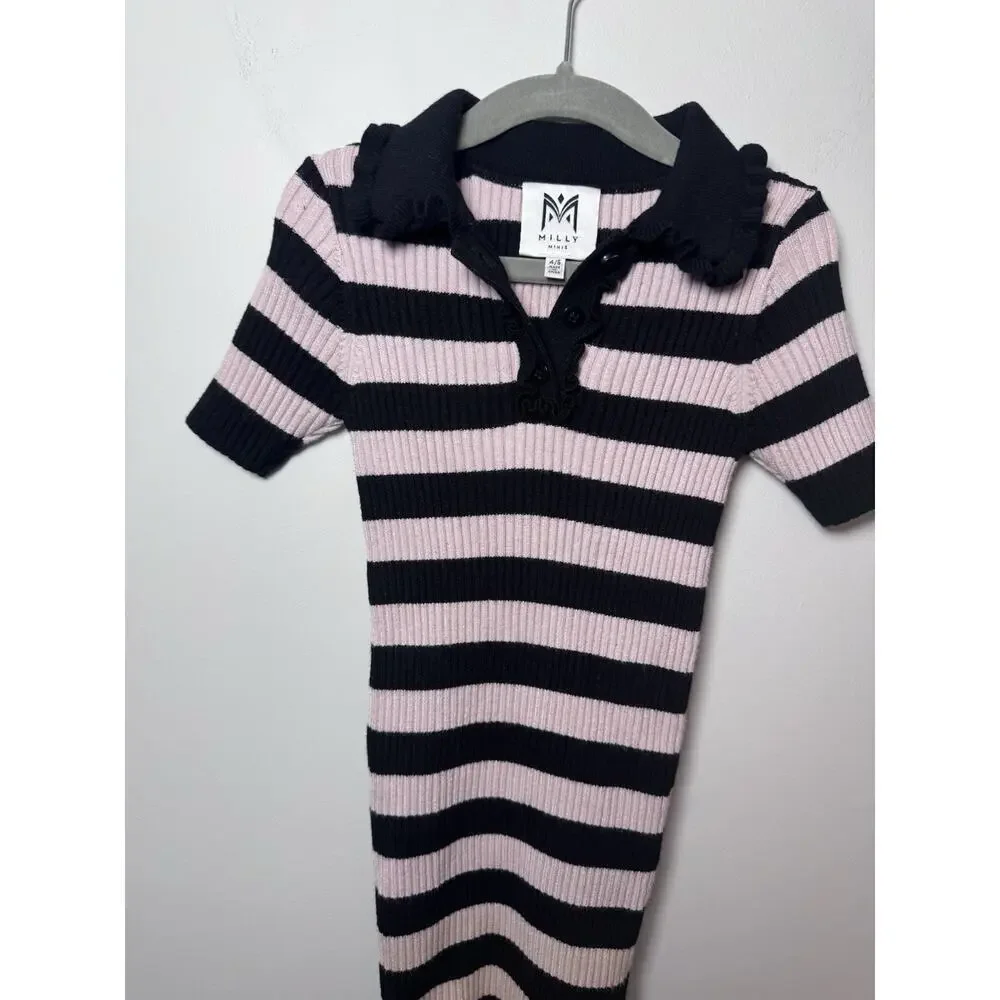 Milly Minis Girls Ribbed Striped Ruffle-Trim Polo Dress Size 4/5